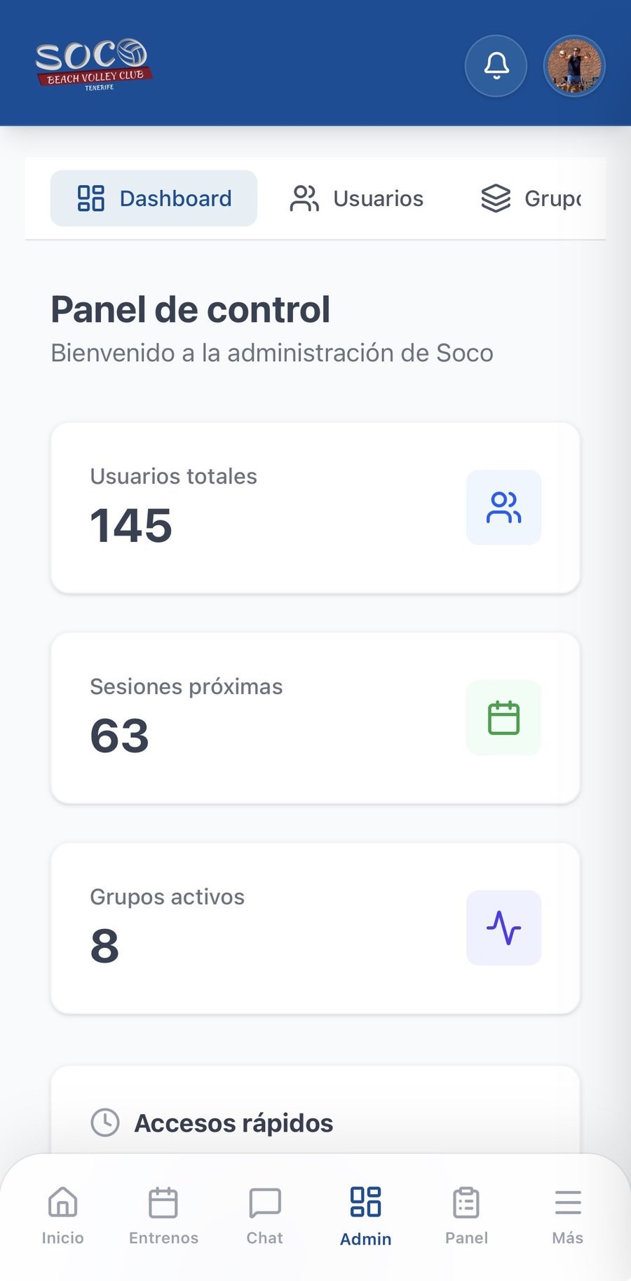 Panel de control de Soco: usuarios, sesiones y grupos del club
